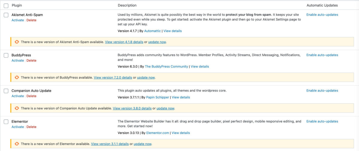 Automatic Updates Plugins Screen