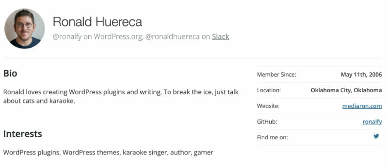 Screenshot of Ronald Huereca's WordPress profile.