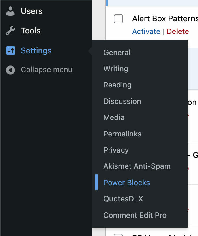 PowerBlocks Settings Menu