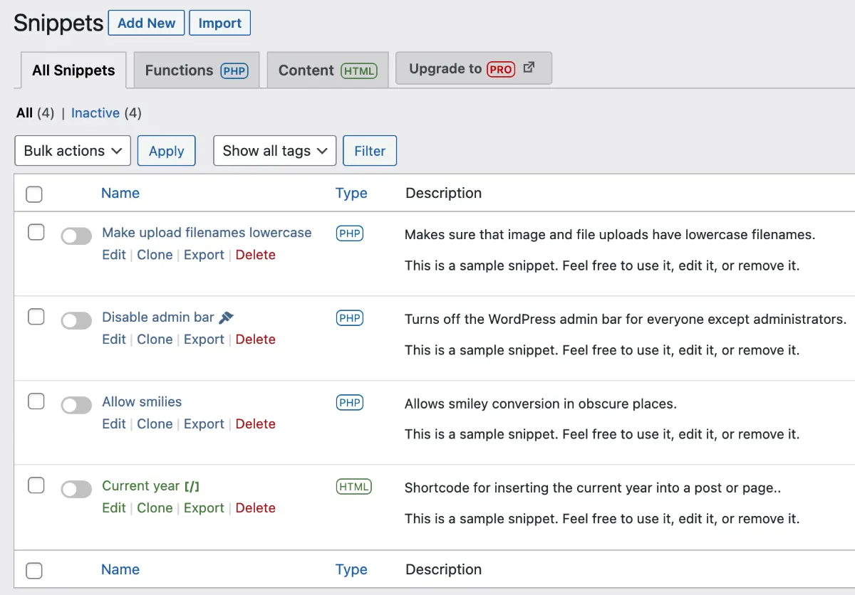 Code Snippets Admin Interface