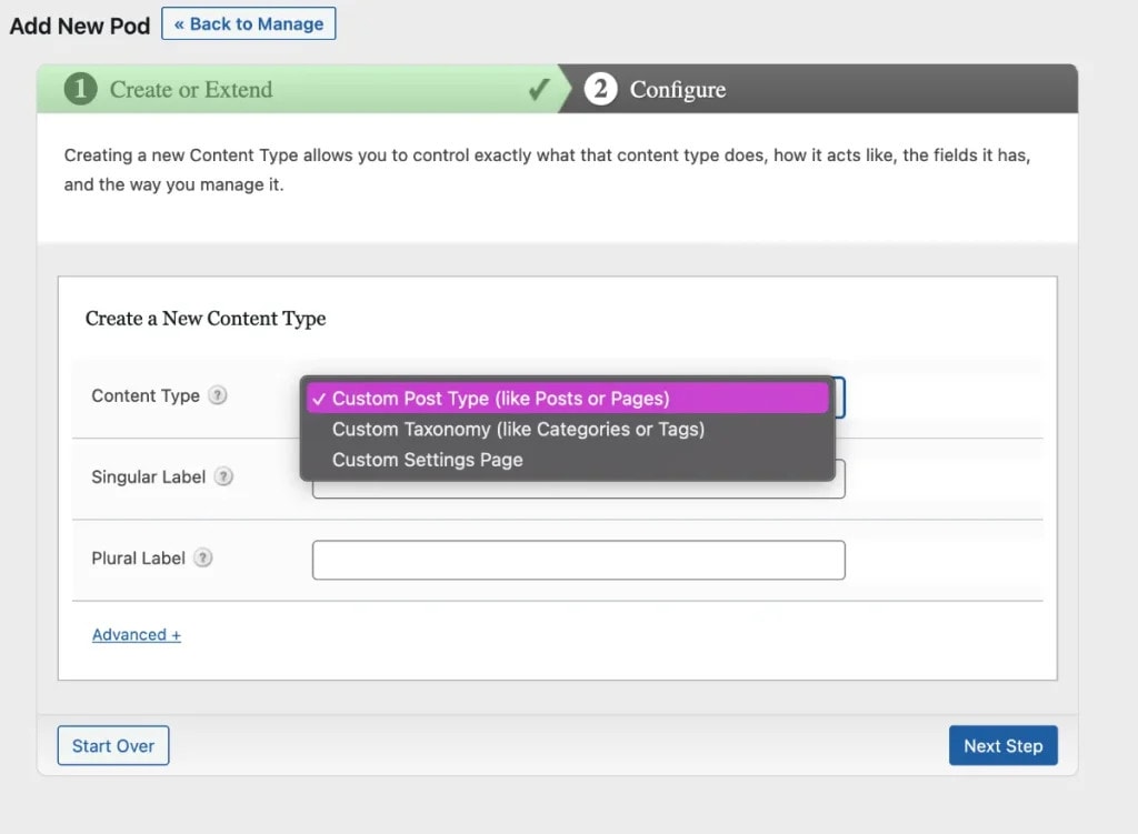 Pods Admin Screenshot