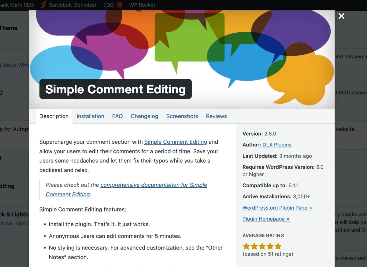 Plugin Details Modal for Simple Comment Editing Plugin