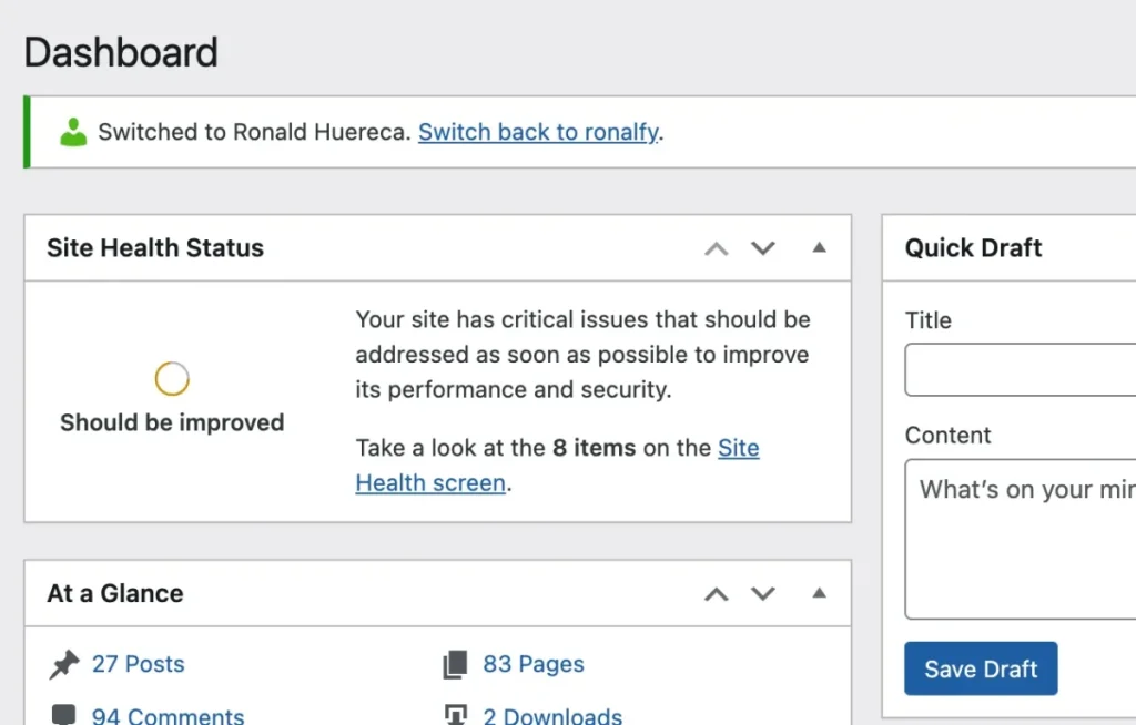 User Switching on the Dashboard Screen
