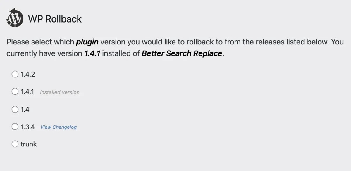 WP Rollback Screenshot