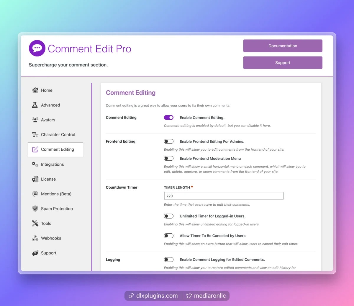 A screenshot of the Comment Edit Pro admin.