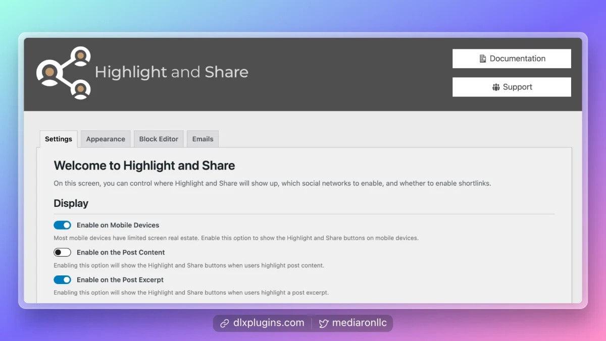 Highlight and Share admin settings screen