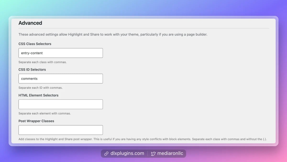 CSS Selectors Admin Screen for Highlight and Share