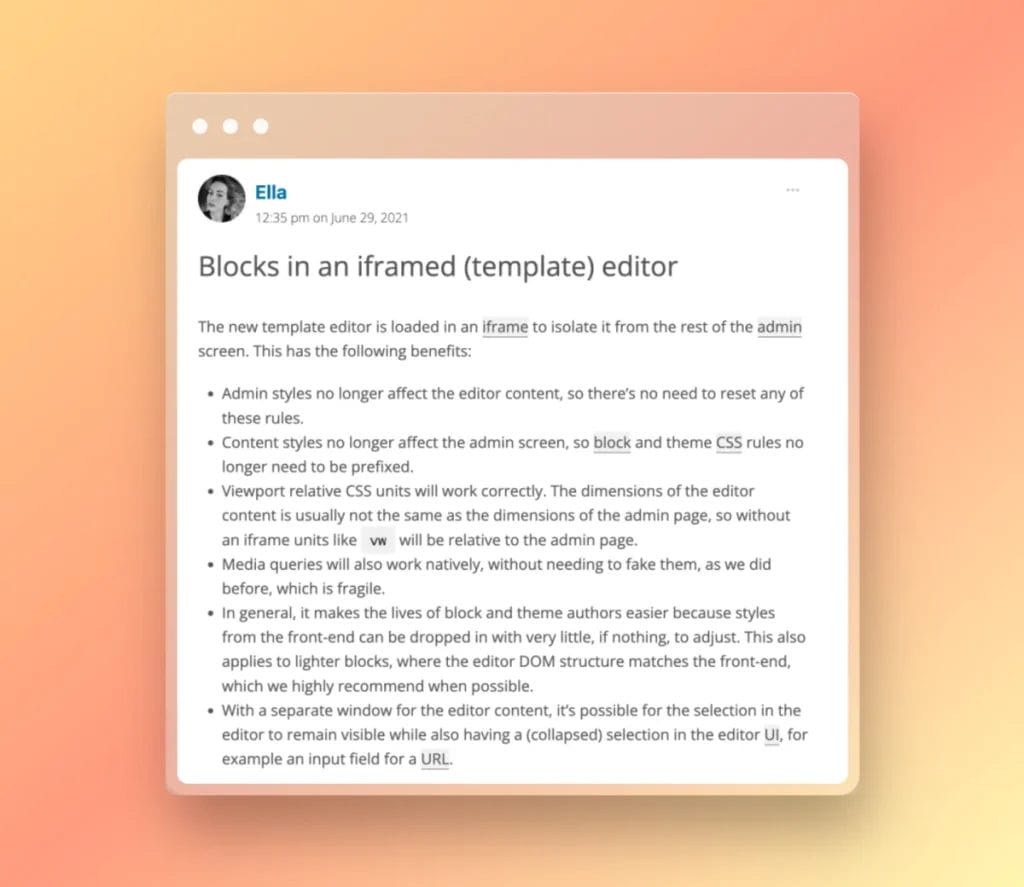 A list of reasons iframes are needed for the block editor