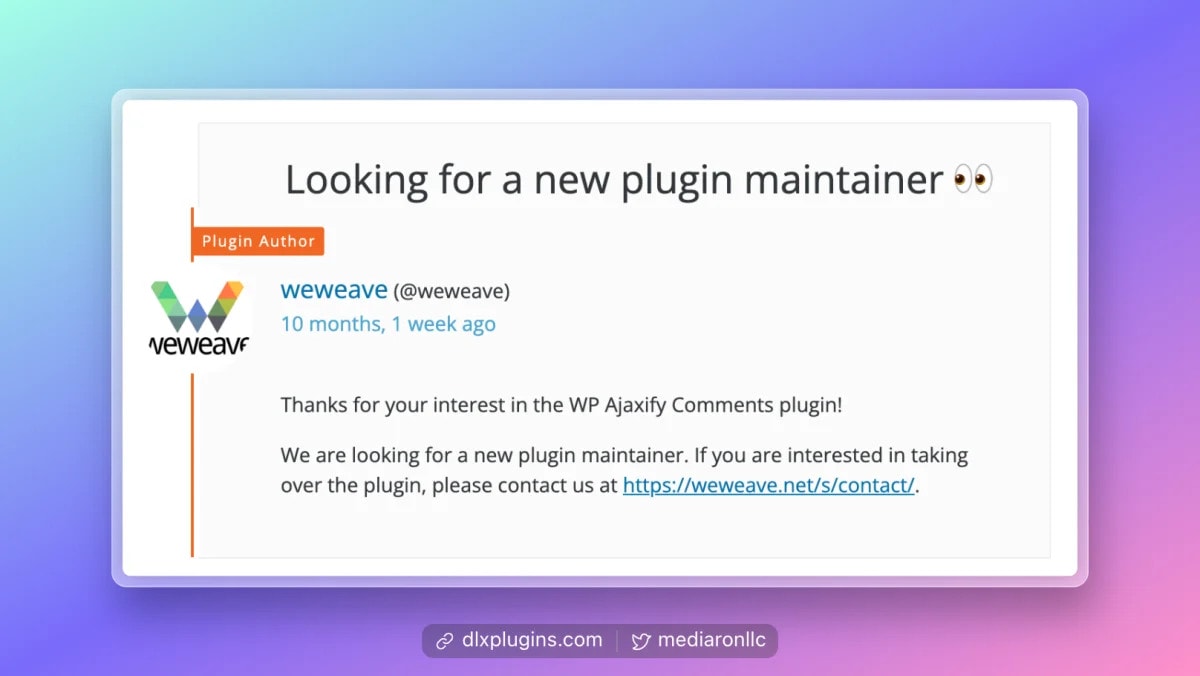 We are looking for a new plugin maintainer. If you are interested in taking over the plugin