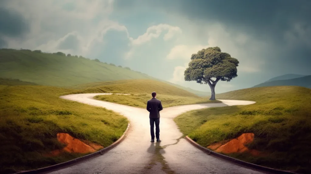 AI generated illustration of a man staring at a fork in the road of which direction to take