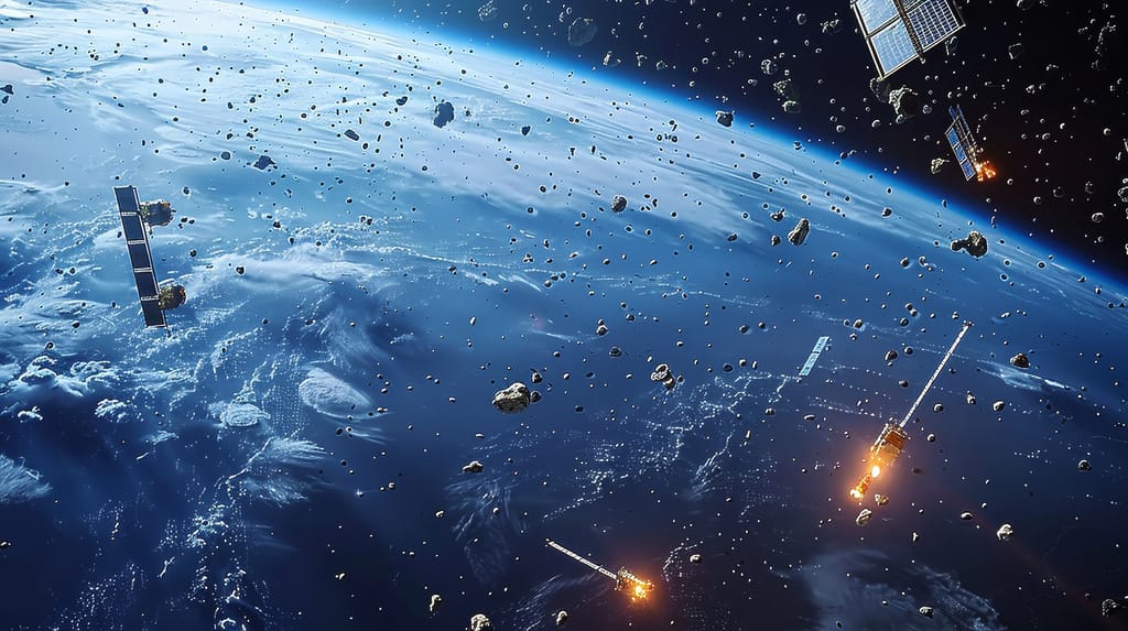 Illustration of multiple satellites in orbit around Earth, surrounded by an expanse of space debris, depicting a crowded low earth orbit.