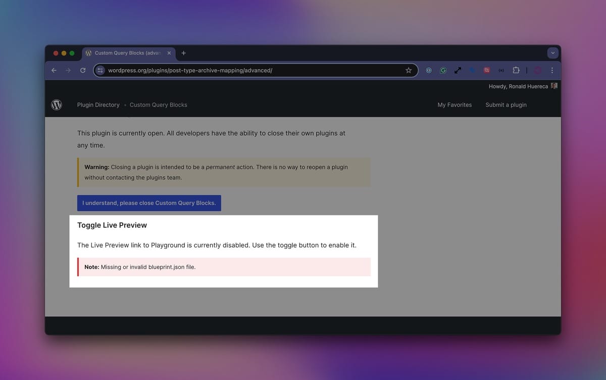 WordPress plugin advanced screen with no blueprint warning