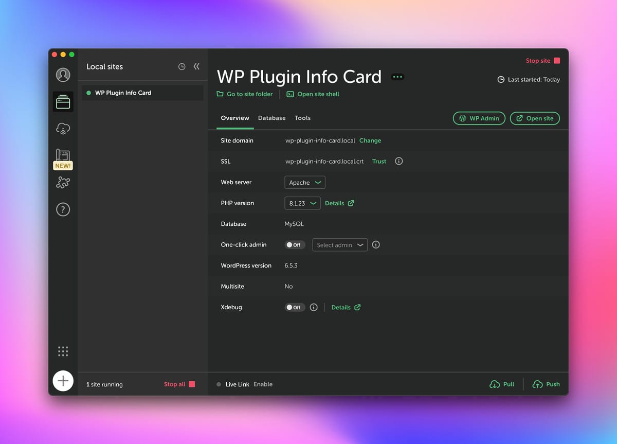 Local Dashboard Screen for New Site