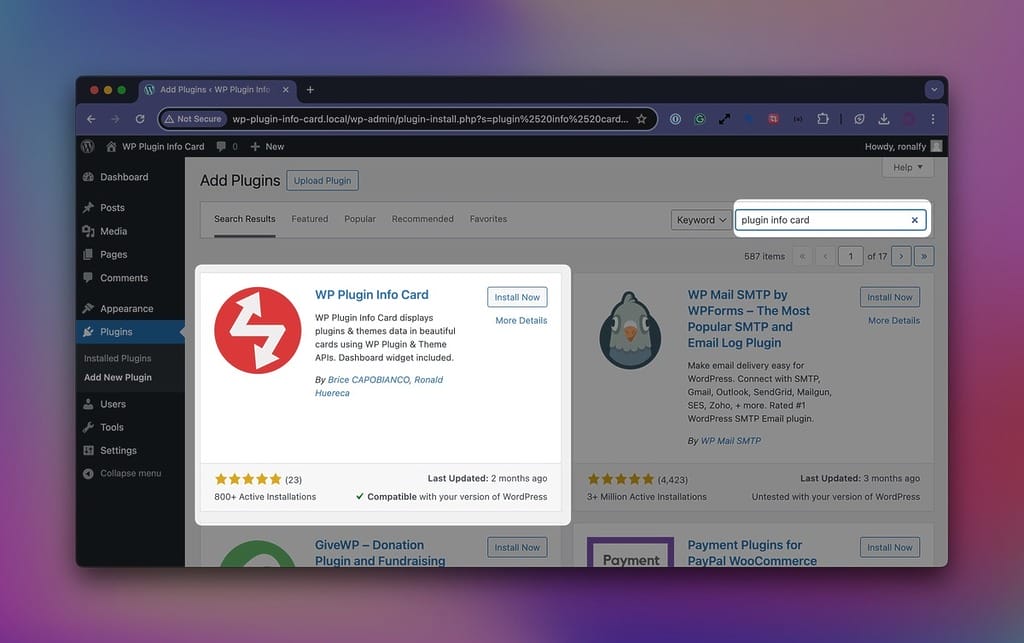 Plugin Info Card on the Add New Plugins Screen