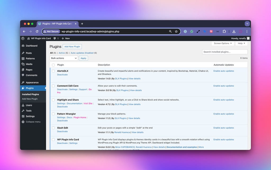 Plugins Screen on Plugin Demo Site