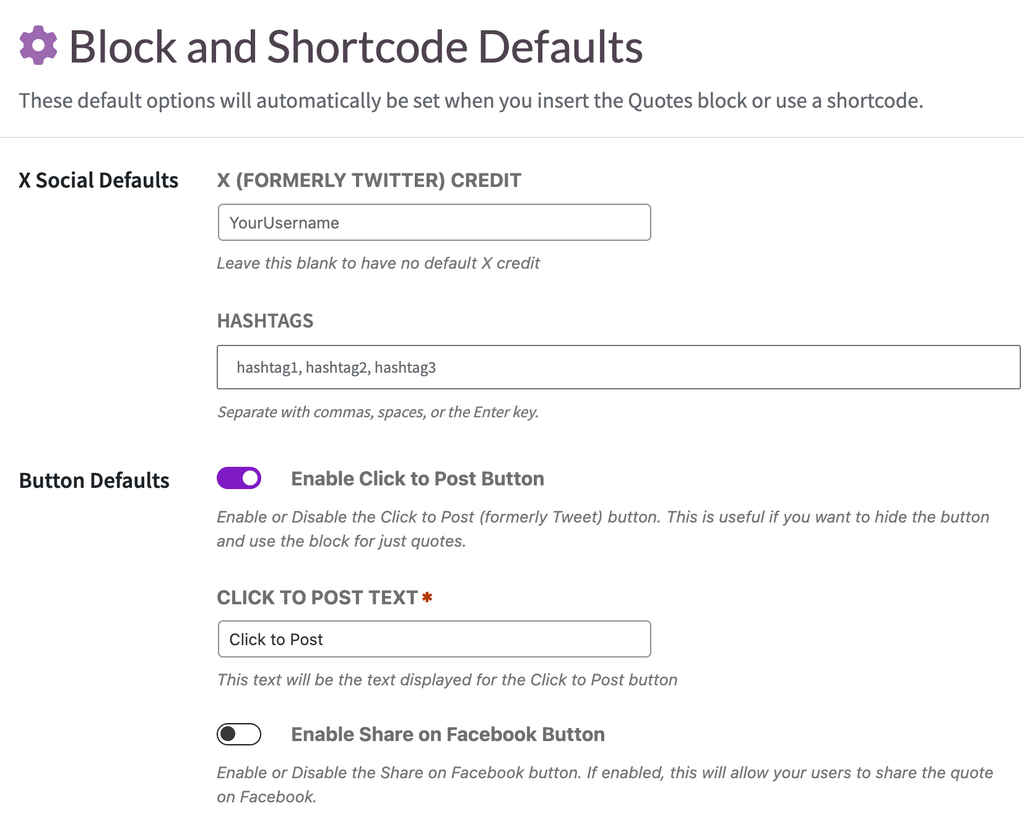 Block and Shortcode Default Options