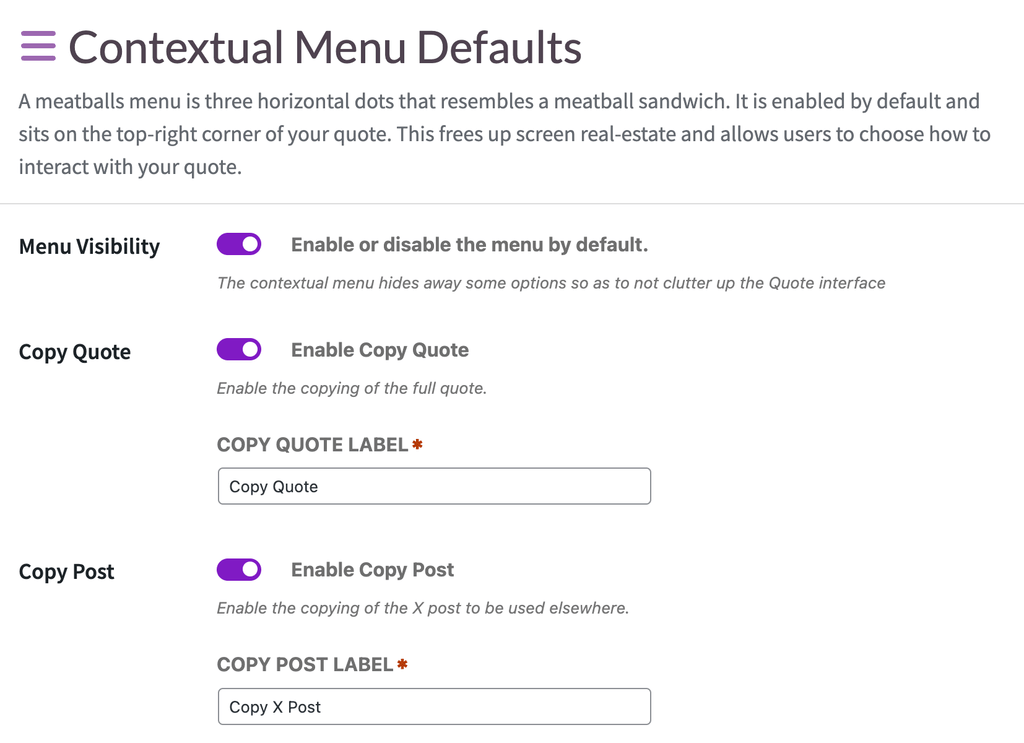 Context Menu Options in the QuotesDLX Admin