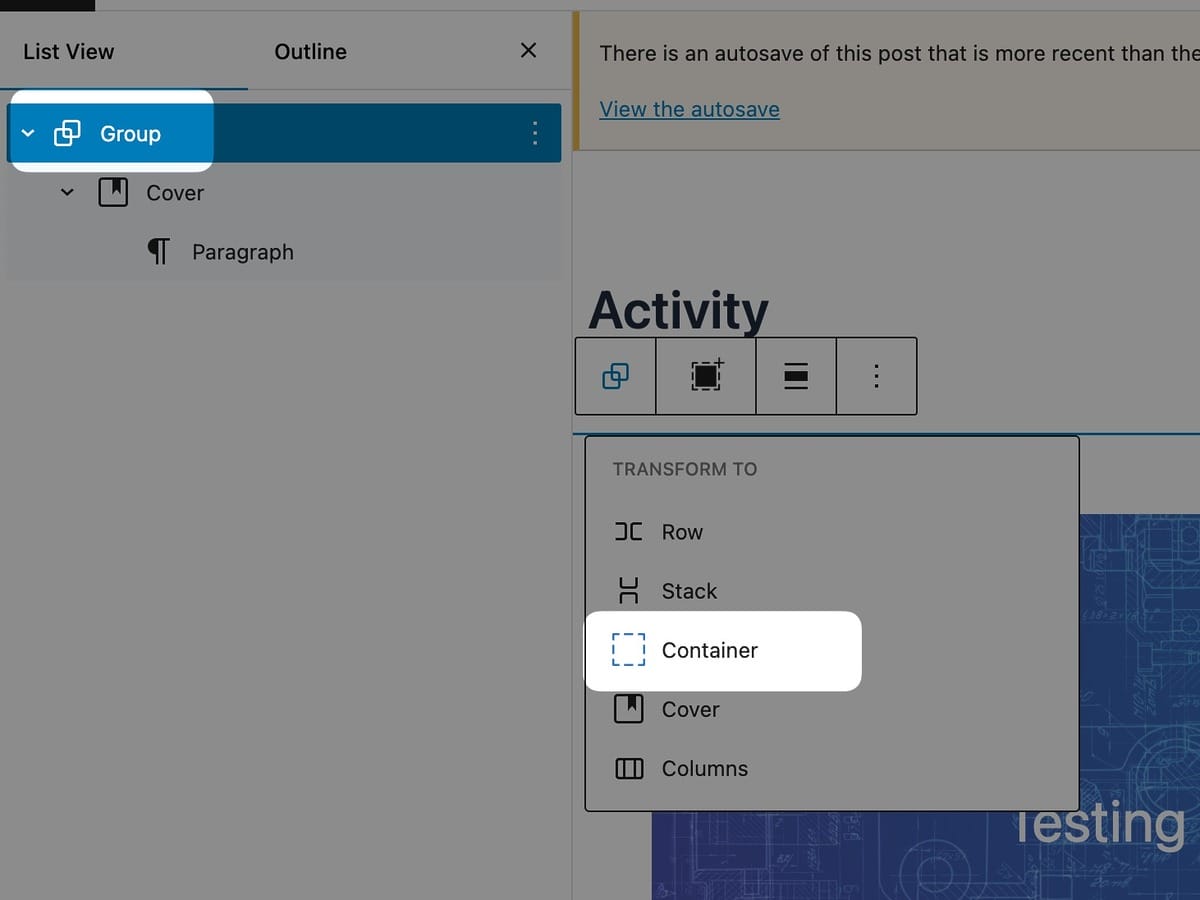 Transform a Group Block Into a Container