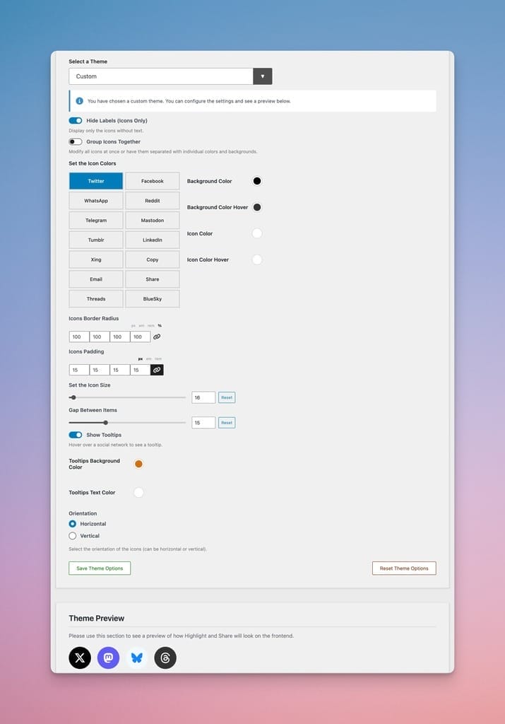 A custom theme selected in the Highlight and Share settings screen, showing an array of color pickers and dimension components.