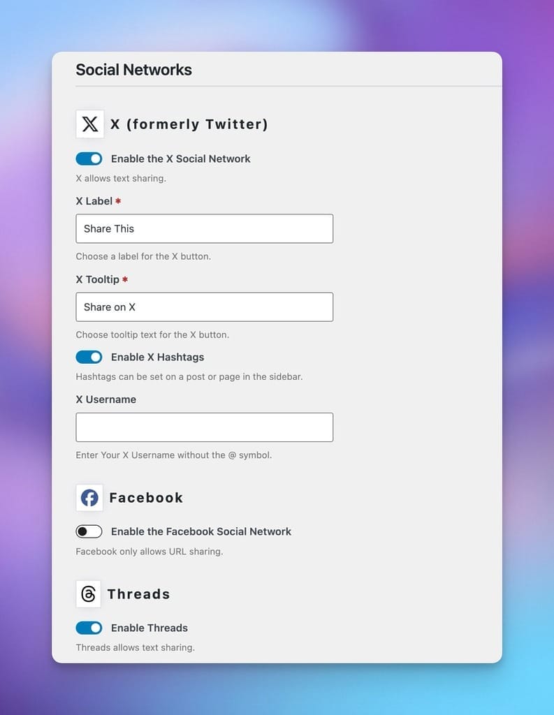 Admin Setting Options for Social Networks in Plugin Highlight and Share.