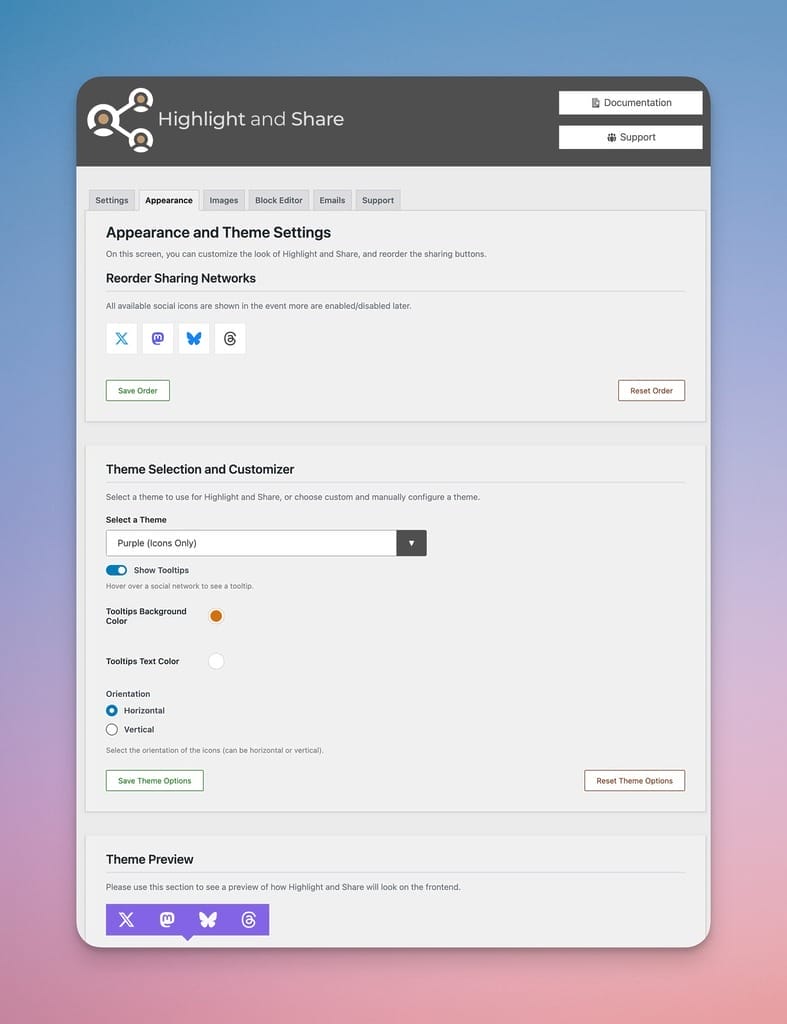 Available Theme Options for Highlight and Share
