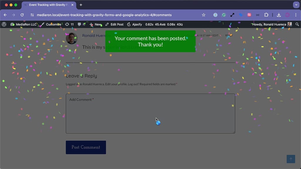 Example Comment Posted with Ajaxify Comments and Confetti Effect