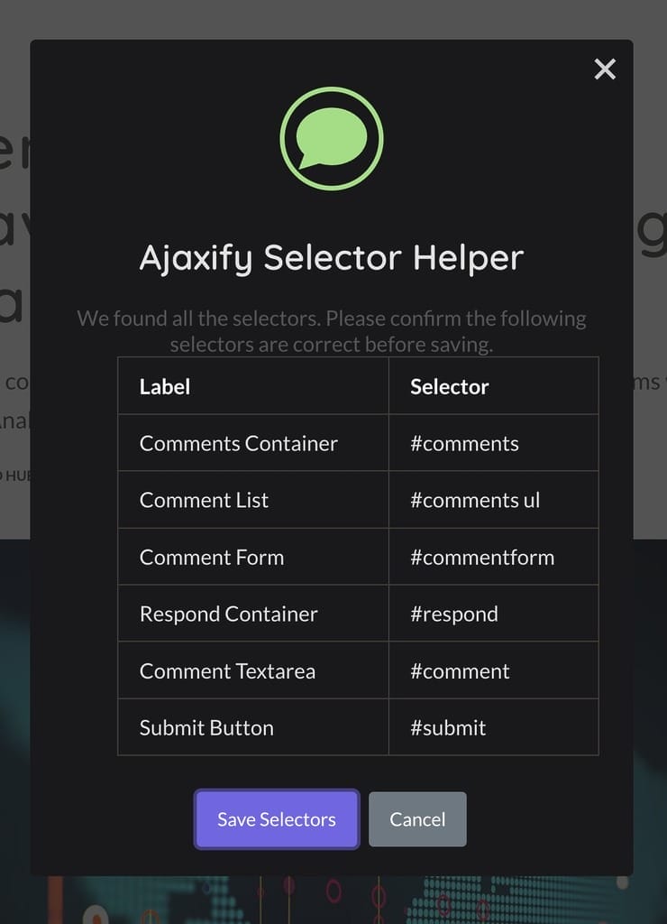 Ajaxify Comments Selector Helper Dialogue for Learning About a Comment Section