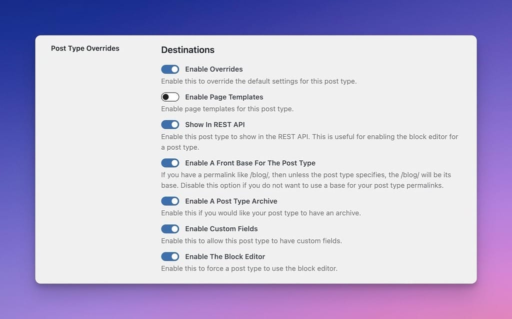 Per Post Type Overrides in the Admin Options