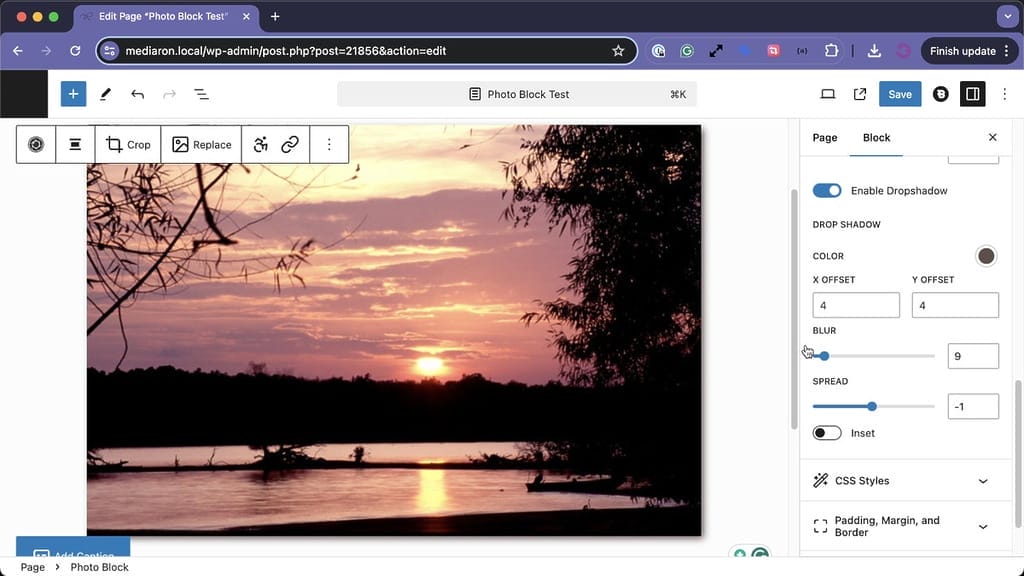 Drop Shadow Controls When Editing the Photo Block