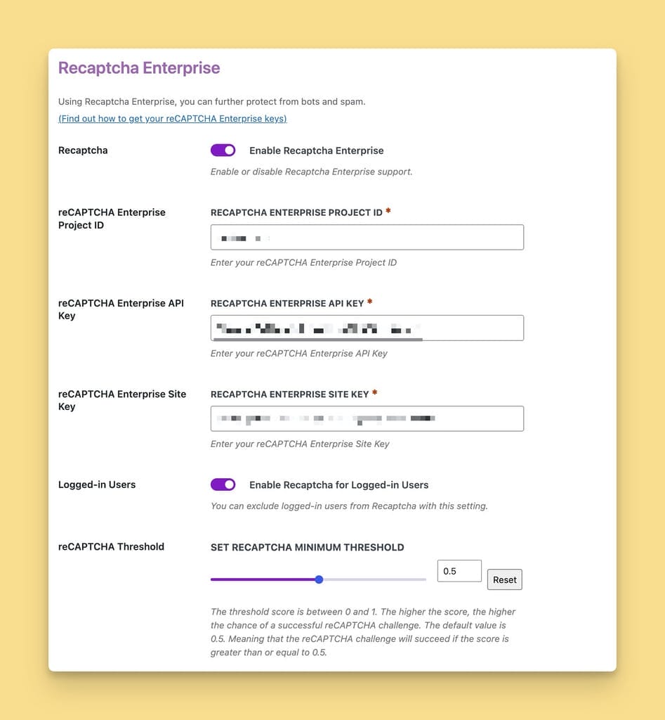 Comment Edit Pro reCAPTCHA Enterprise Settings