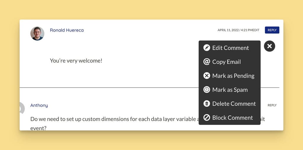 Frontend Moderation With New Features Block Comment and Copy Email