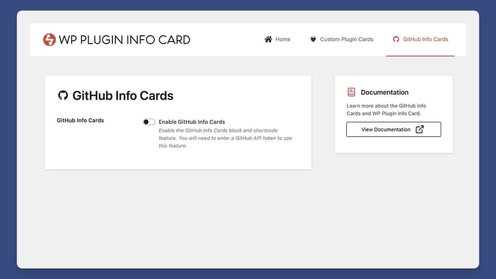 Admin Screen for GitHub Info Cards in the Disabled State