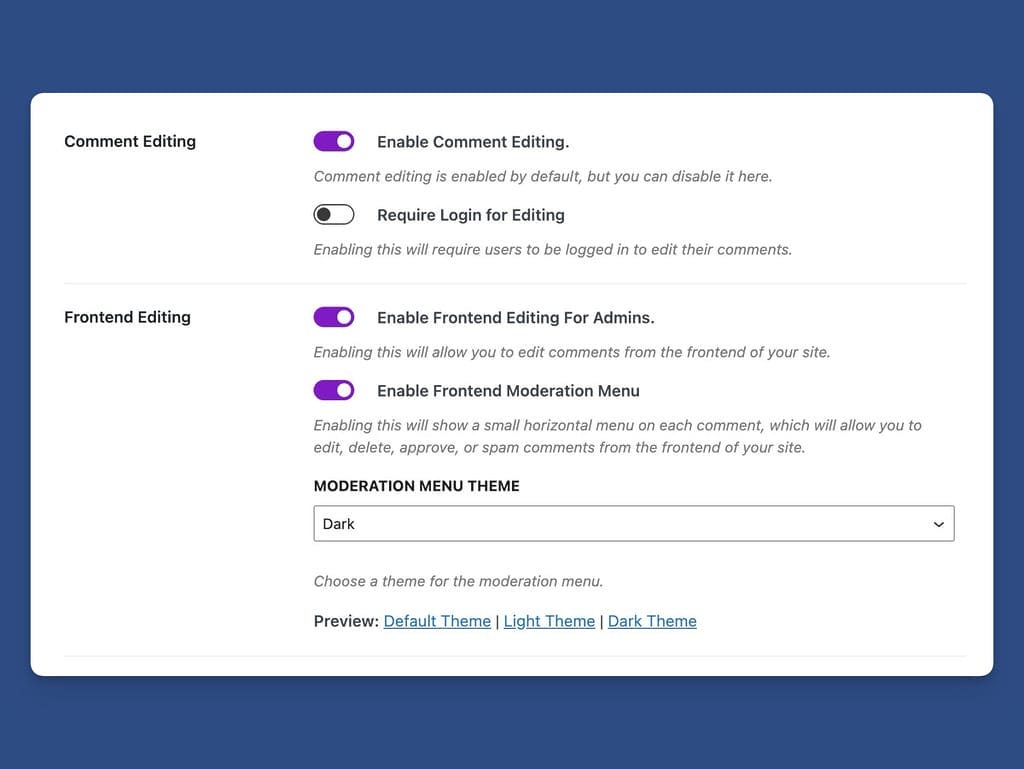 Comment Editing Features Showing Frontend Editing Options