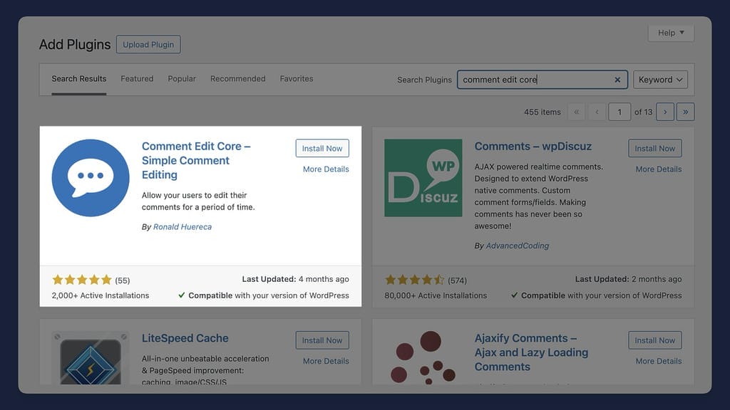 Edit Comments by Installing Comment Edit Core via The Admin Dashboard