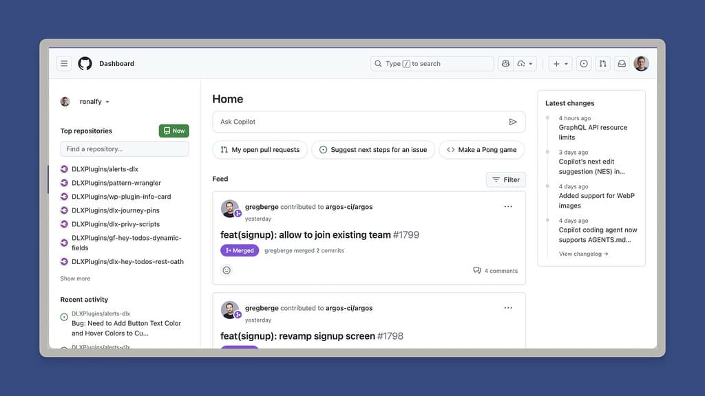 GitHub Dashboard via the GitHub Homepage
