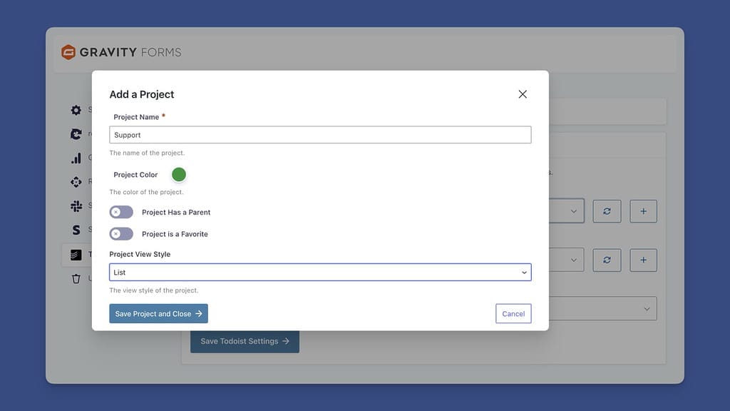 Add Project Modal in the Settings Screen