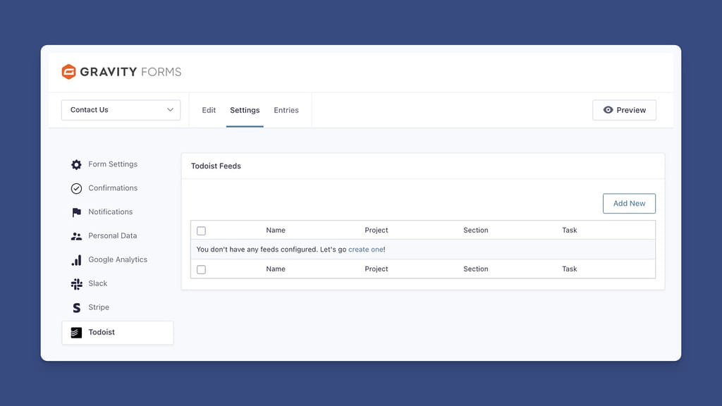 The Todoist Feeds Screen in the Form's Settings