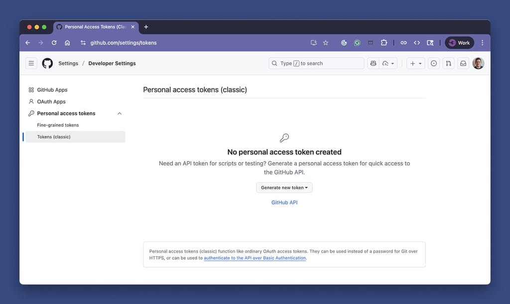 Personal Access Token Screen (Classic)
