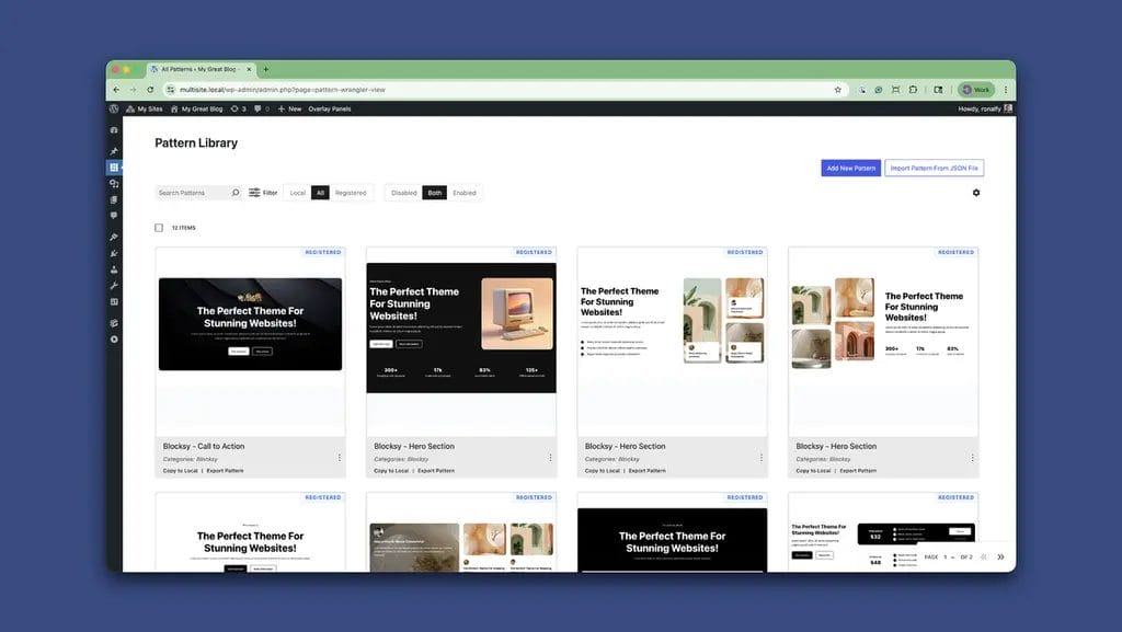 New Patterns Screen Showing Local and Registered Patterns