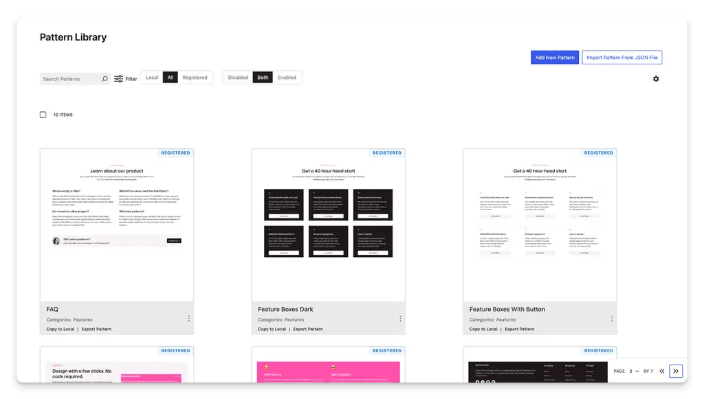 Patterns View in Pattern Wrangler Allowing Manual Curation of Block Patterns