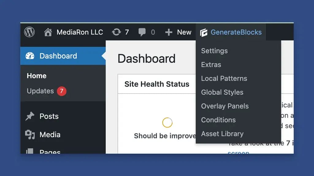 Admin Menu Bar Showing GenerateBlocks