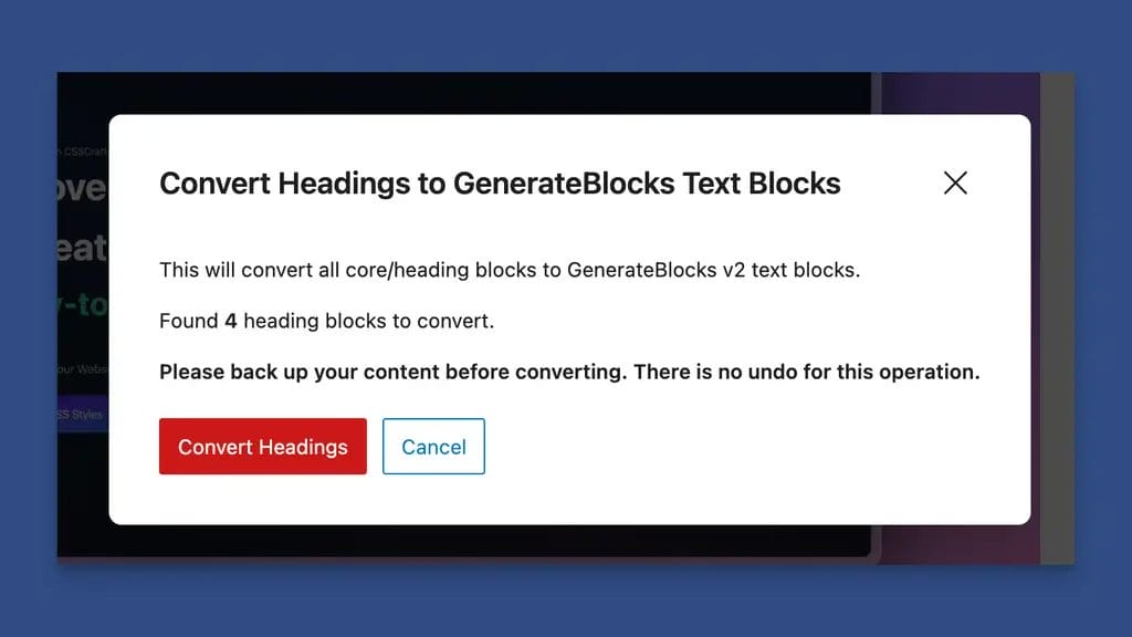 Convert Core Headings to GenerateBlocks Headings Command