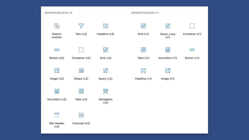 Screenshot showing GenerateBlocks V1 and V2 blocks together