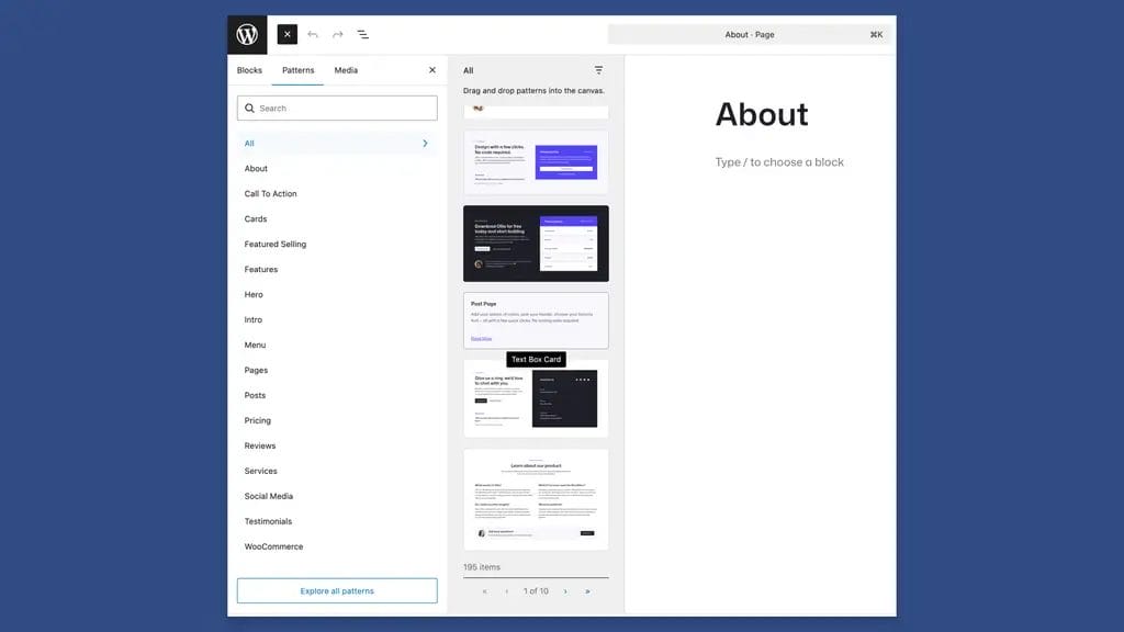 Pattern Library With Ollie Theme and WooCommerce Installed. Showing 195 items.