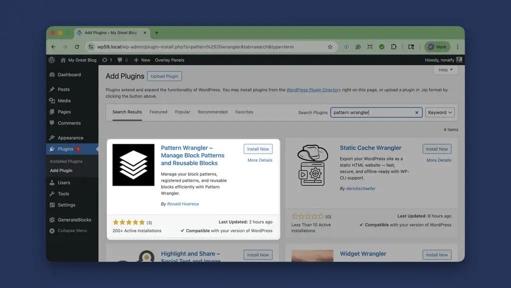Plugins Screen When Adding Pattern Wrangler Via the WordPress Dashboard
