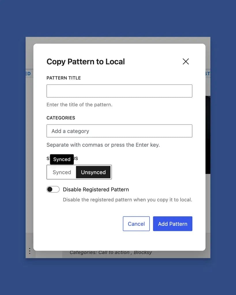 Disable a Registered Pattern When Copying to a New Pattern